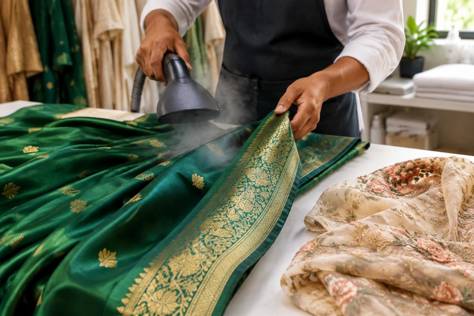 Professional steaming an emerald silk saree