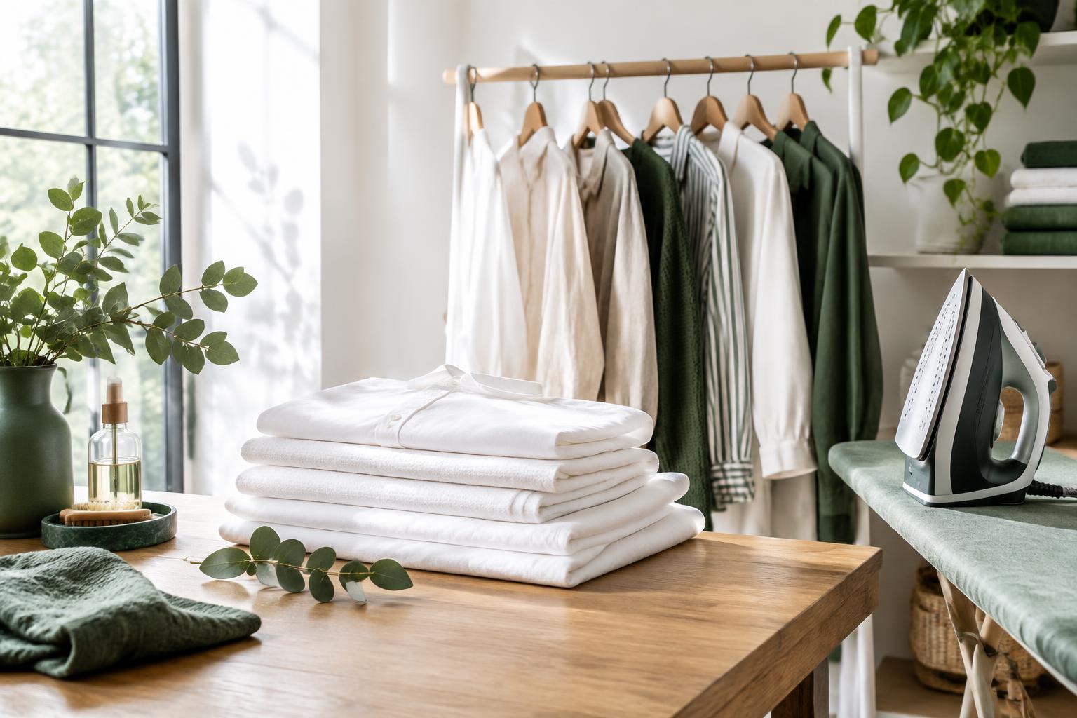 Freshly cleaned shirts, linens and garments arranged in a bright studio